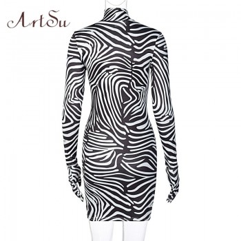 Zebra Print Women Mini Dress Long Sleeve With Gloves Turtleneck Bodycon